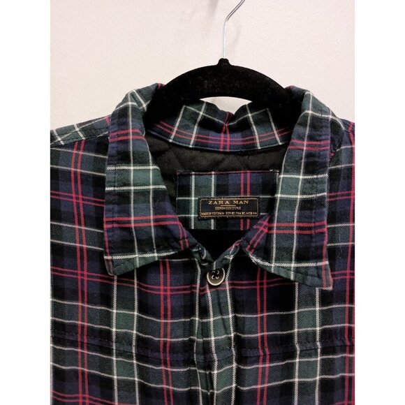 Zara Mens Flannel Utility Jacket Shacket XL Green Plaid Quilted Liner Grunge - Picture 3 of 8